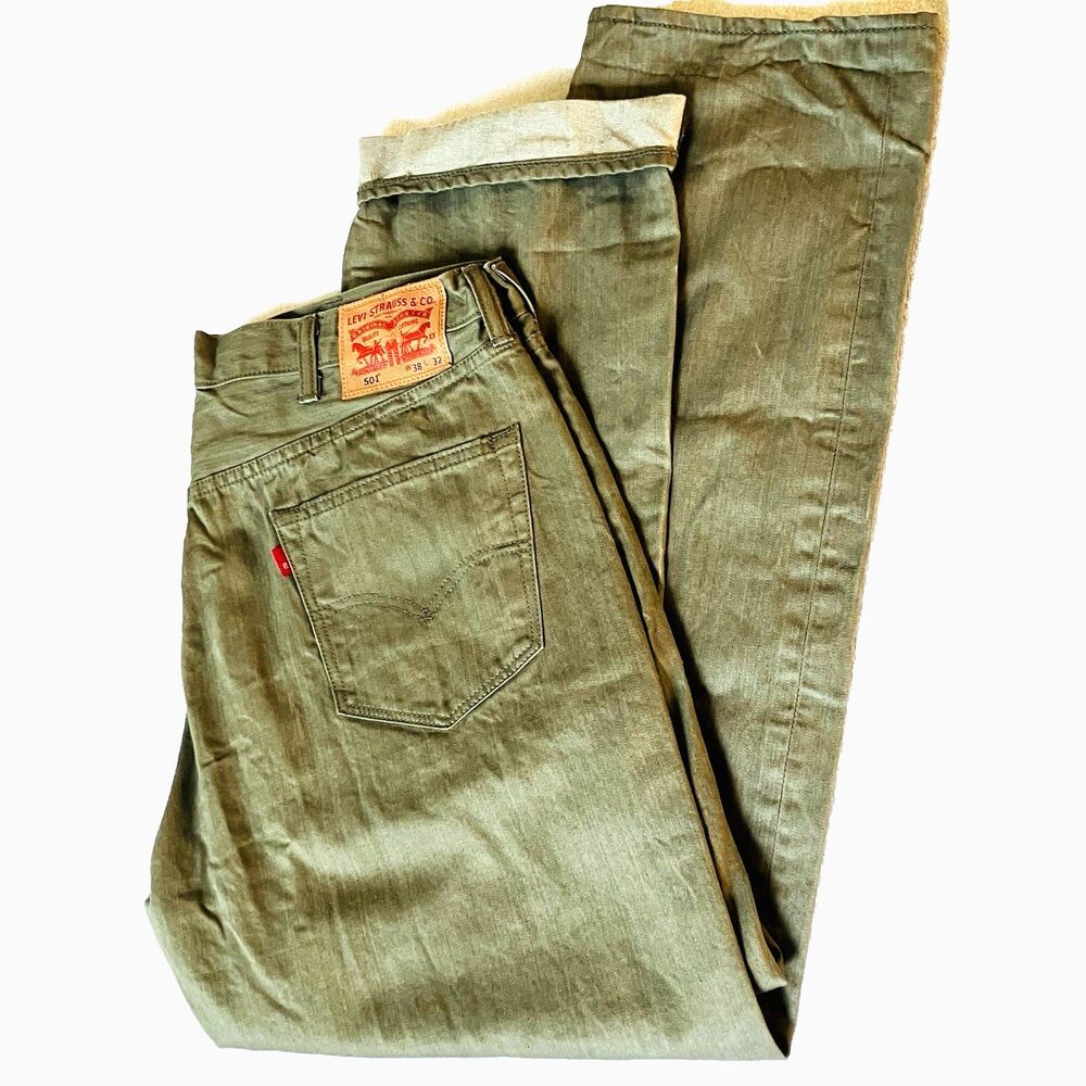 Levi's 501 Jeans Green Button Fly Straight Leg Roll Cuff Denim 37 38 St Patricks